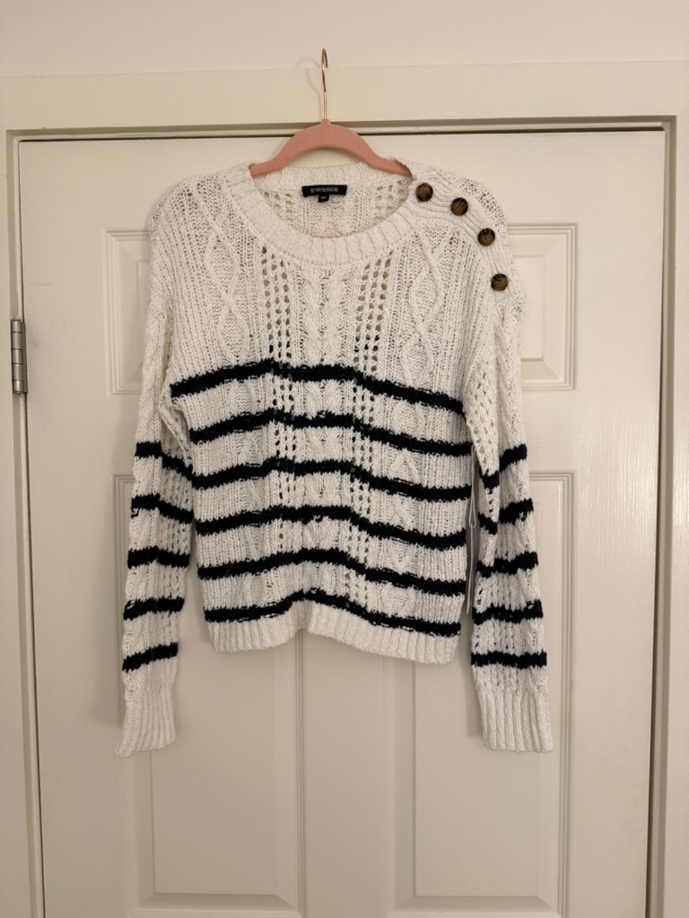 Stateside Cotton Slub White & Navy Striped Button-Shoulder Cable Knit Sweater